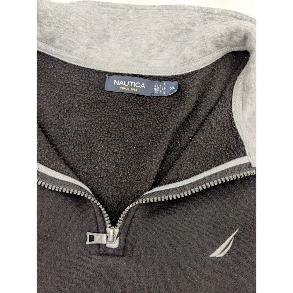 Nautica Mens XL Quarter Zip Pullover Sweatshirt Black Grey Fleece Mock Neck Logo